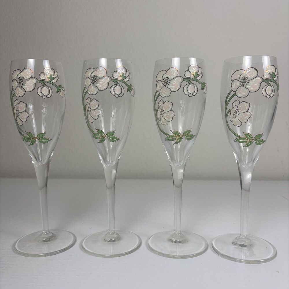 VTG 70s Pierre Jouet France Belle Epoque Anemone Champagne Flutes Set 4 Art Nouv